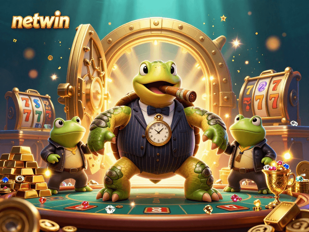 Join the excitement at netwin with a cartoon turtle in a mobster suit and casino treasures.