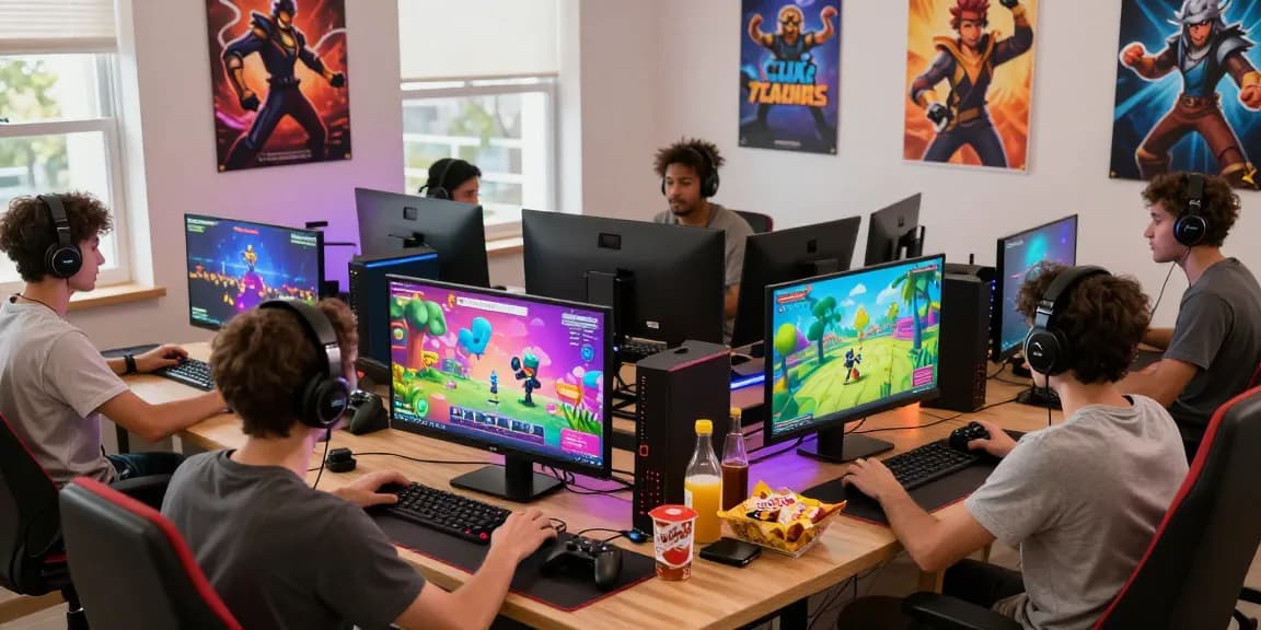 Engaged gamers playing platform games on CIKAGAMES.COM in a vibrant, colorful gaming setup.