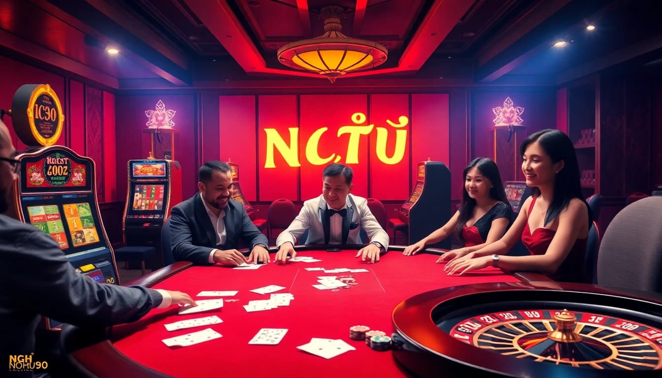 Action-packed casino scene highlighting NHÀ CÁI NOHU90 with vibrant tables, casino games, and thrilling moments.
