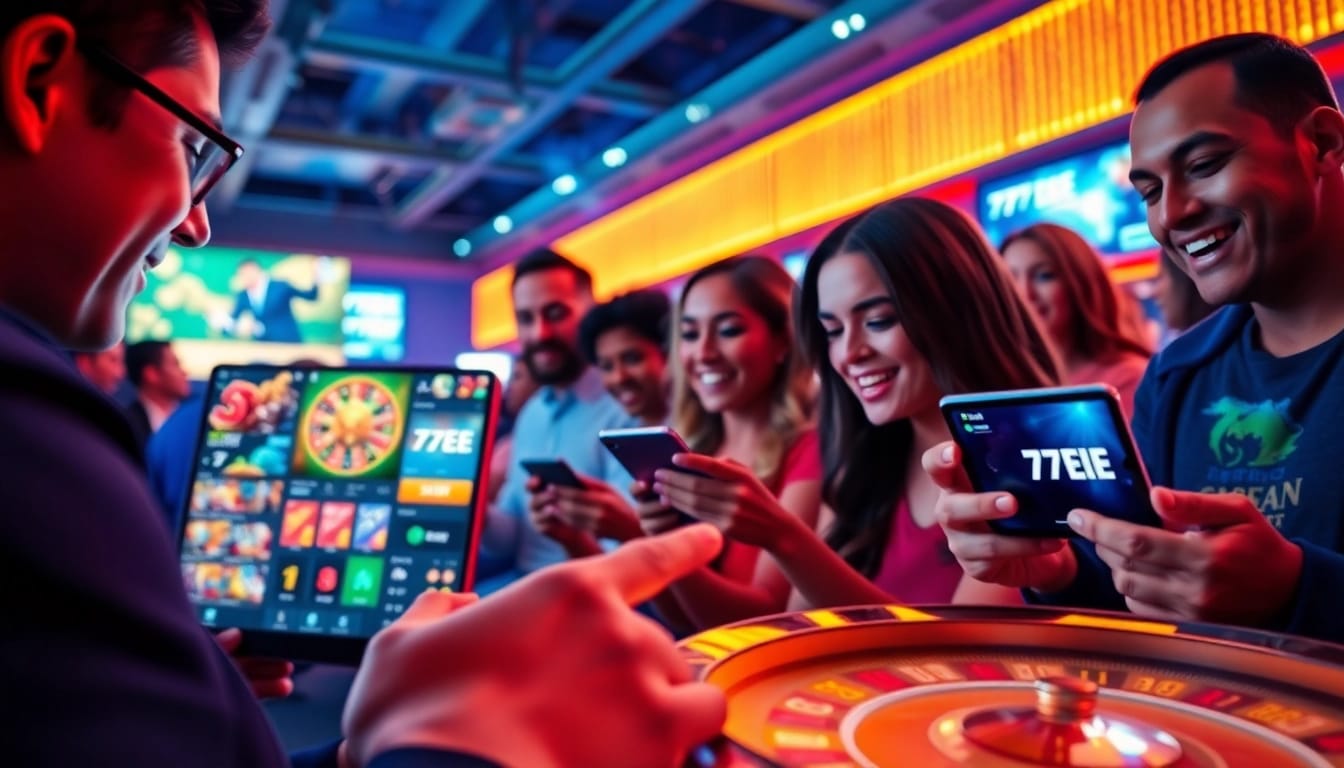 Engaging players experiencing the thrilling features of 77EE's online betting and digital casino platform.