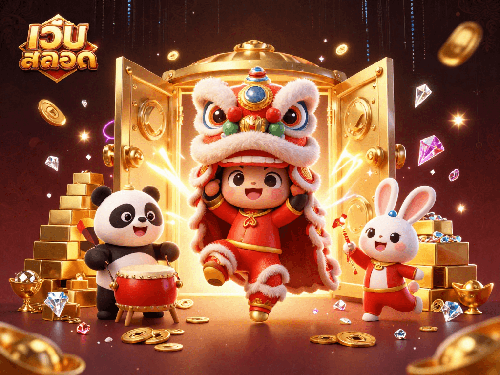 Experience the excitement of เว็บสล็อต with a vibrant 3D scene featuring a lion dance, panda drummer, and treasures.