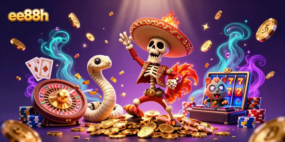 Experience the thrill of ee88h with a lively 3D casino scene featuring winning elements like golden coins and roulette wheels.