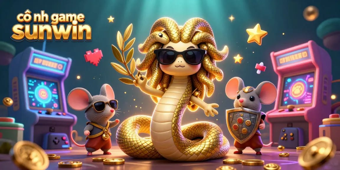 Experience thrilling gaming with cổng game sunwin, featuring Medusa and warrior mouse, vibrant arcade elements.
