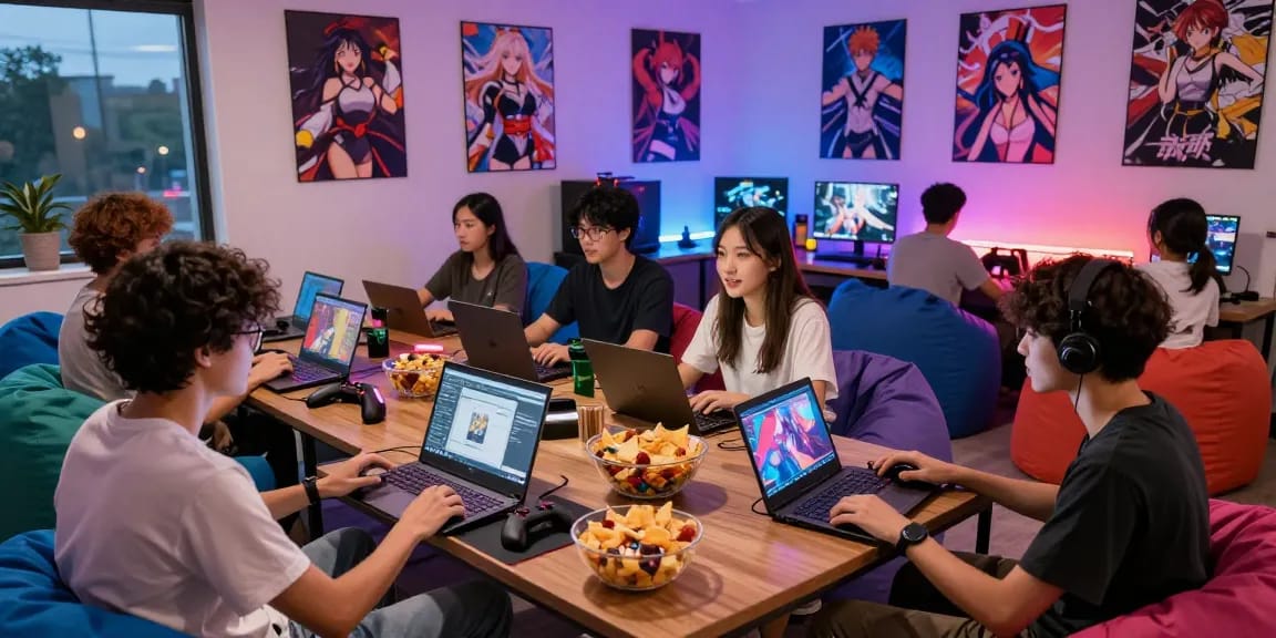 Exciting gathering of friends enjoying hentai games in a vibrant gaming lounge