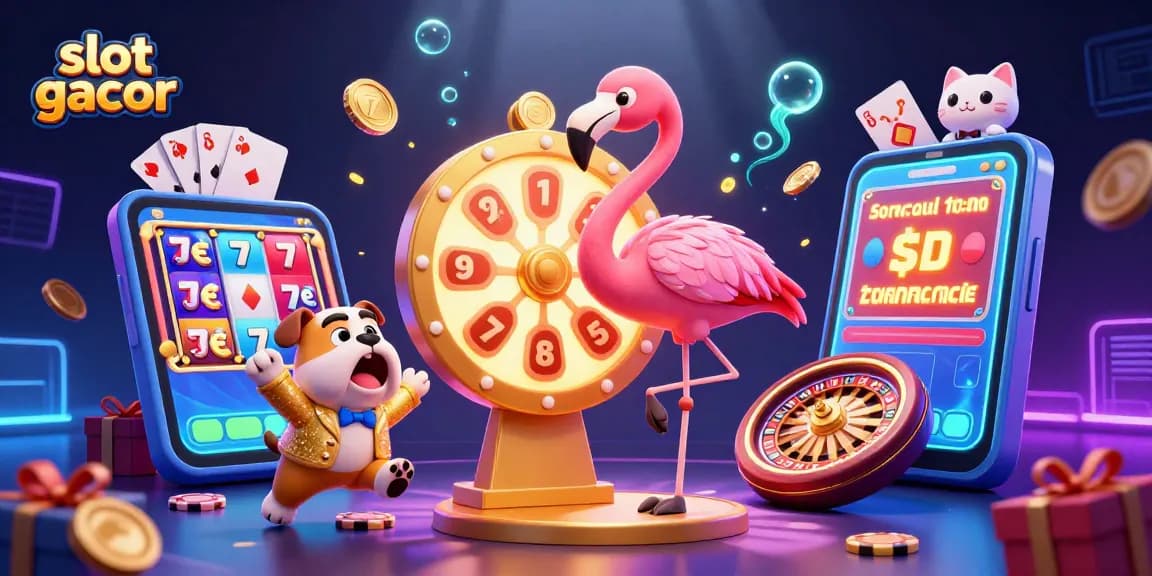 Engage in the excitement of slot gacor with this vibrant illustration, featuring playful casino characters and dynamic game elements.