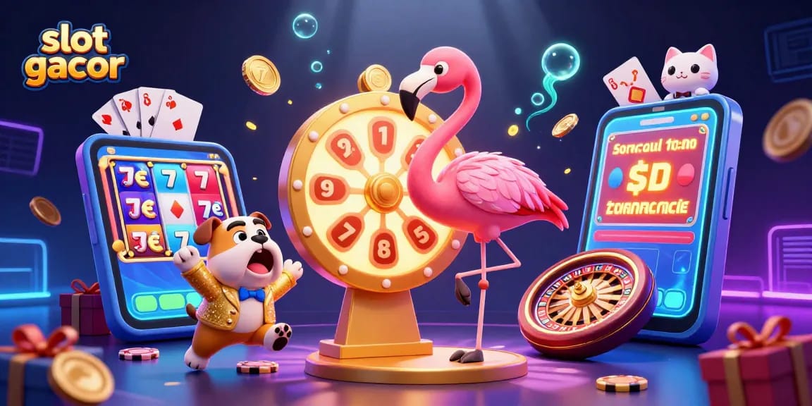 Engage in the excitement of slot gacor with this vibrant illustration, featuring playful casino characters and dynamic game elements.