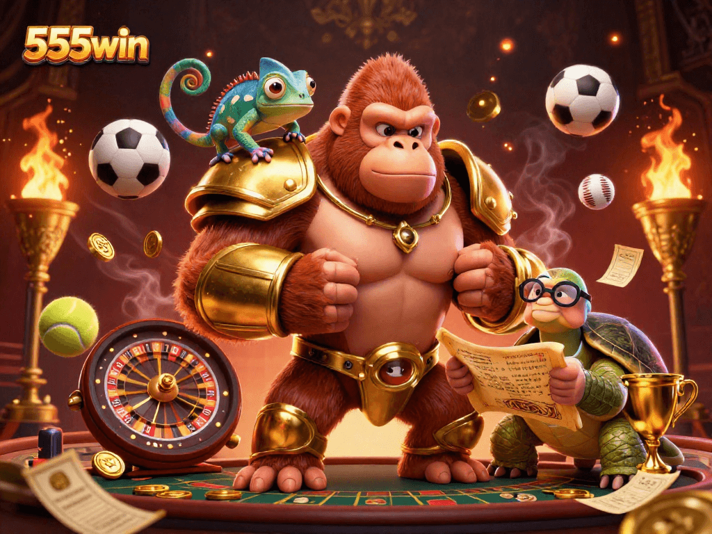 Engage in thrilling action at 555win with a vibrant 3D illustration demonstrating a powerful gorilla king and casino games.