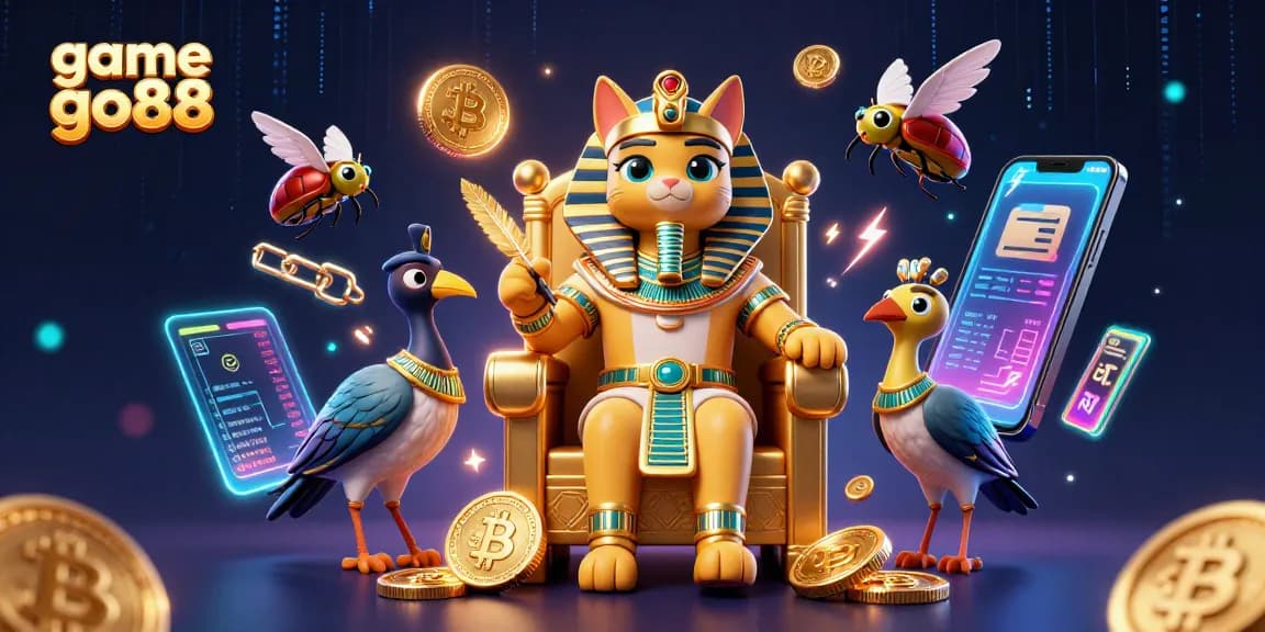 Engage with game go88 in a vibrant 3D scene featuring an Egyptian pharaoh cat and crypto elements.