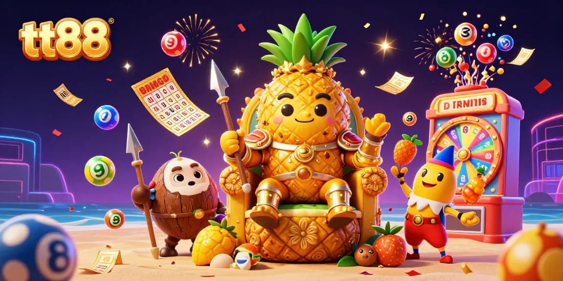 tt88 hosts a vibrant beach casino scene featuring a golden pineapple king and colorful lottery balls
