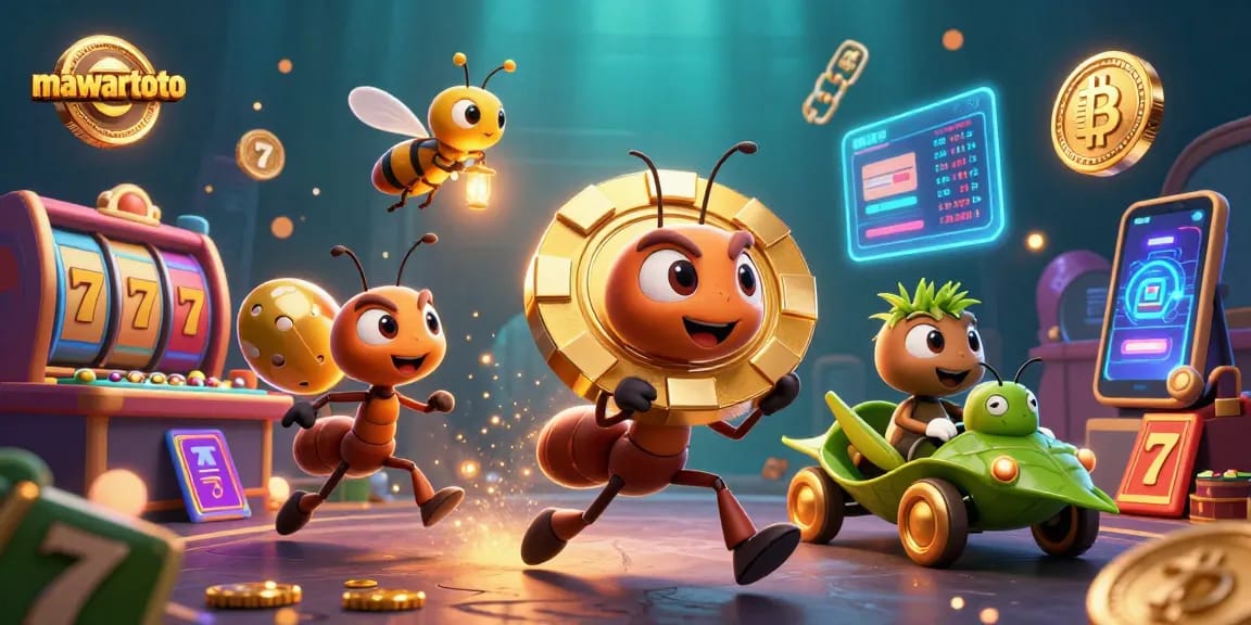 Kemenangan luar biasa di mawartoto dengan chip poker emas oleh semut kartun dalam ilustrasi 3D