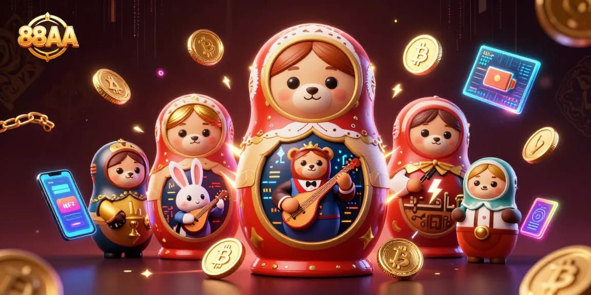 Experience 88AA with vibrant gaming action featuring bears in casino outfits among dynamic crypto elements.