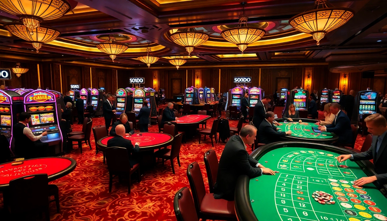SODO CASINO game action with players engaging at blackjack and roulette tables.