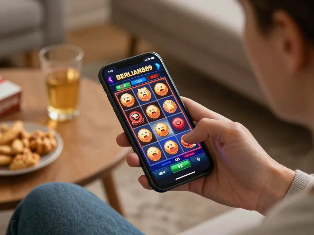 Engaging with the BERLIAN889 Slot app featuring vibrant graphics and a cozy home atmosphere.