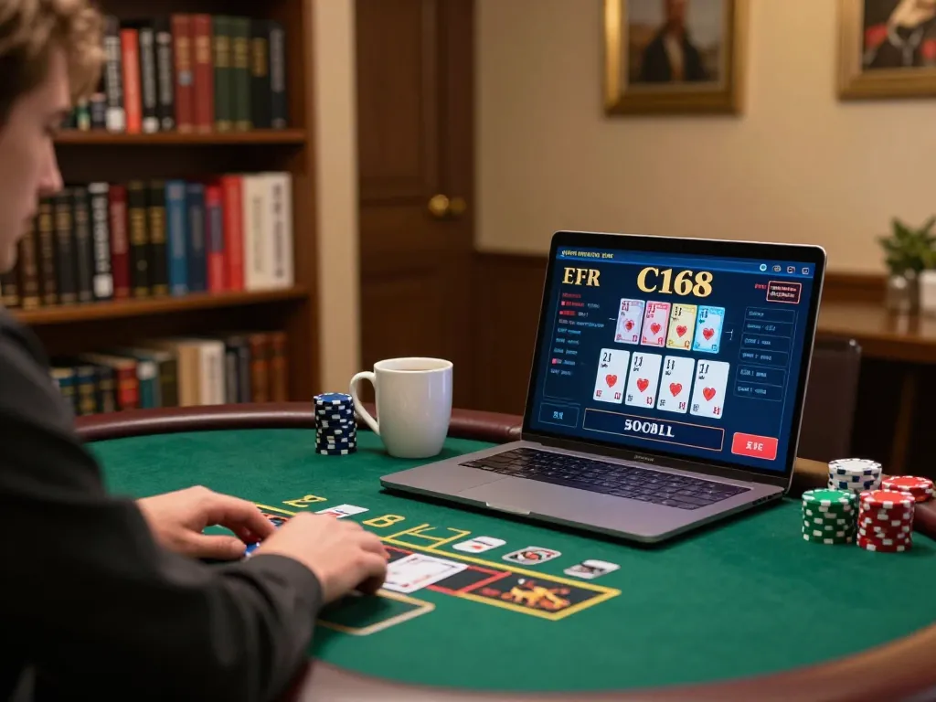 Player placing strategic bets in C168 online blackjack game, warm and inviting home gaming setup