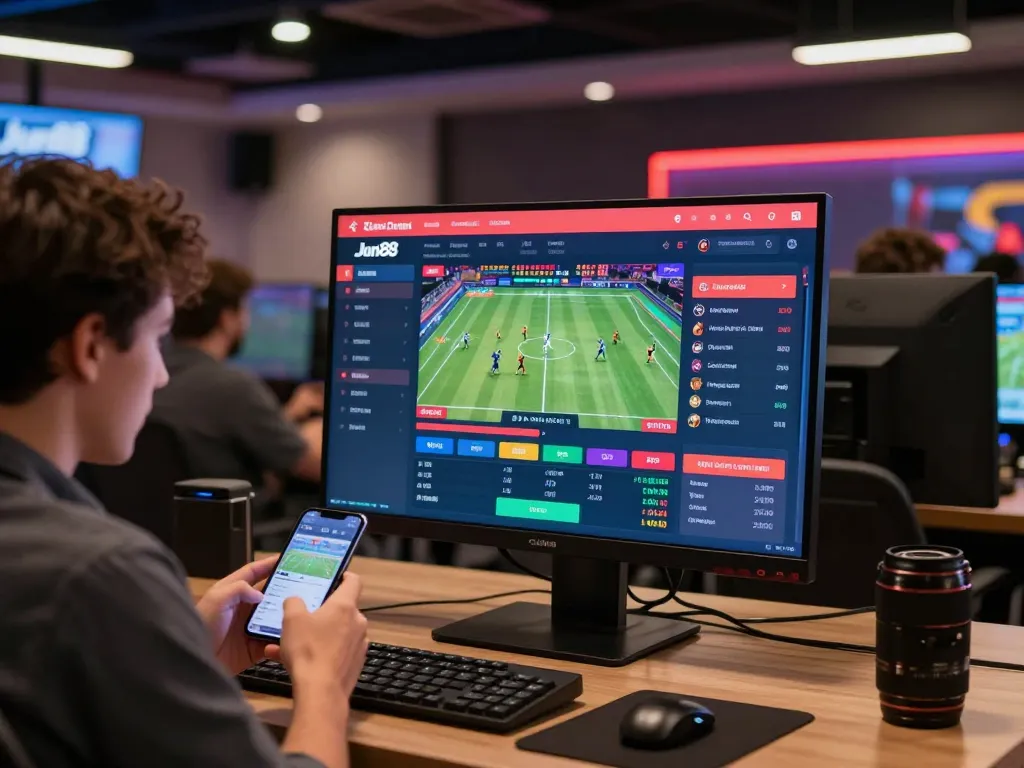 Jun88 user actively placing bets online while analyzing sports game odds on a mobile device.