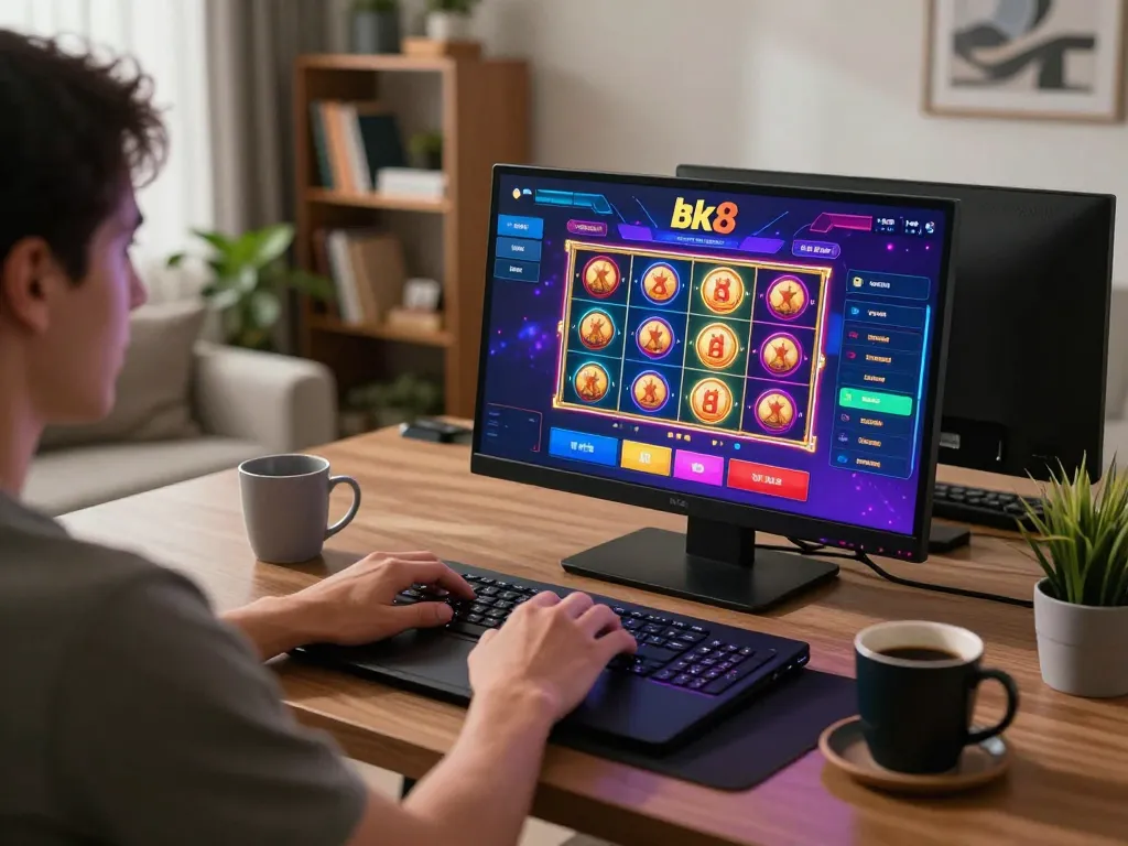 Person engaged in bk8 online gaming, showcasing colorful slots on a laptop in a stylish home office