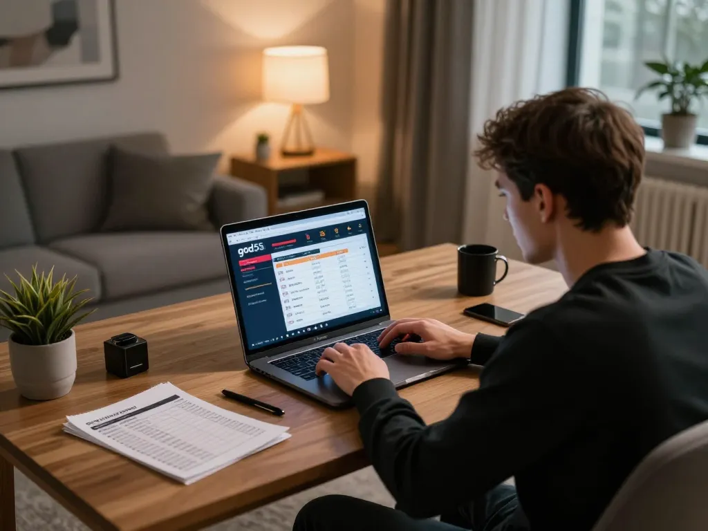 A player engages with the god55 online betting platform from a modern home office, highlighting strategic gameplay.