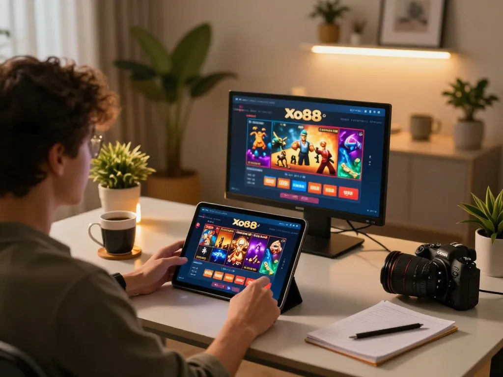 Player enjoying gameplay on Xo88 casino app at home, illustrating online gambling.