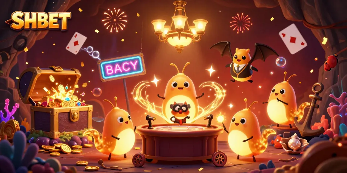 Bet on SHBET with glowworms illuminating a vibrant casino scene filled with treasures and excitement.