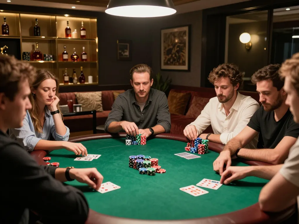 Engaged players strategizing in a VB88 poker game with colorful chips and cards, cozy atmosphere
