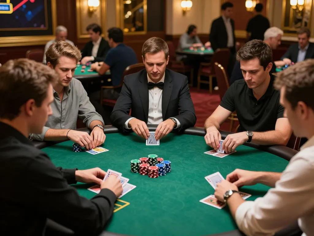 Players strategize in an exciting go88 poker game amidst luxurious casino decor.