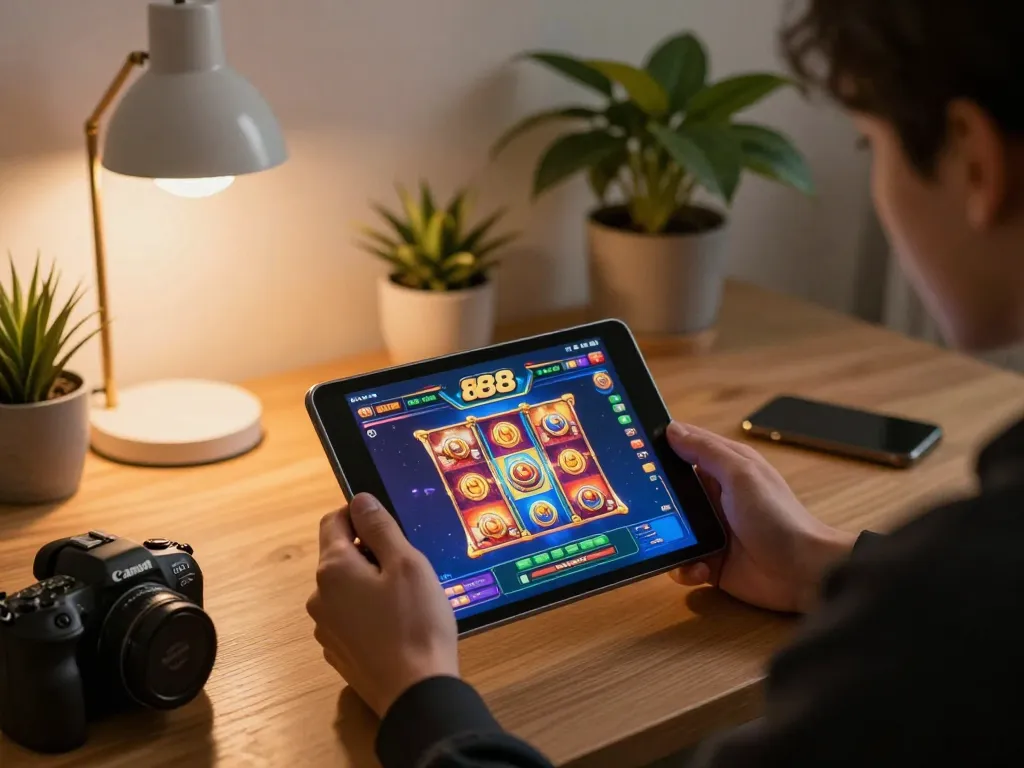 Playing slot88 on a tablet in a cozy home setting, emphasizing online gambling strategies.