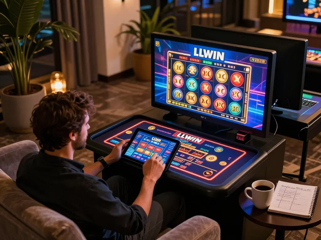 Player enjoying LLWIN online casino games on a tablet in a cozy home setting