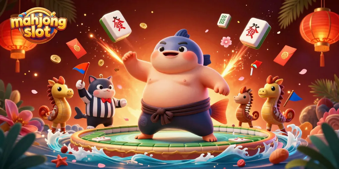 Engage in the mahjong slot experience surrounded by vibrant floating tiles and celebratory elements.