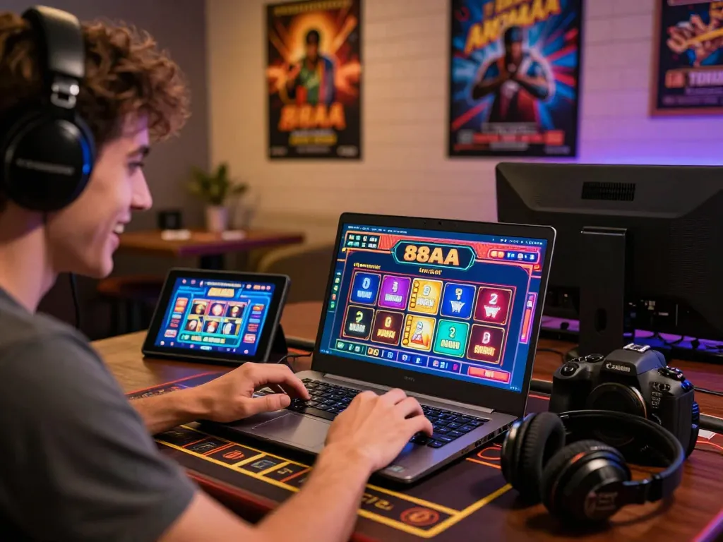 Exciting online gaming experience with 88aa bet showcased on a player's laptop, featuring colorful game graphics.