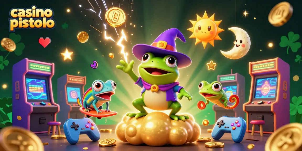 Experience the excitement of casino pistolo with golden coins, vibrant characters, and arcade elements in this thrilling illustration.
