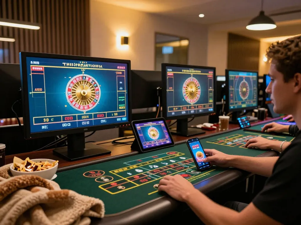 G28 players engaging in live dealer roulette on multiple devices, illustrating dynamic online gaming