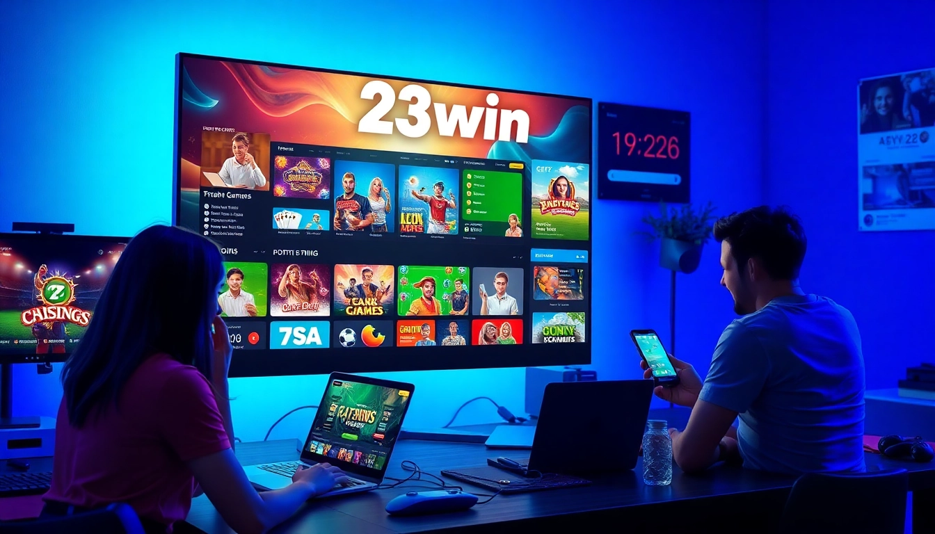 Dynamic view of 23win's online gaming platform featuring vibrant graphics and enthusiastic players.