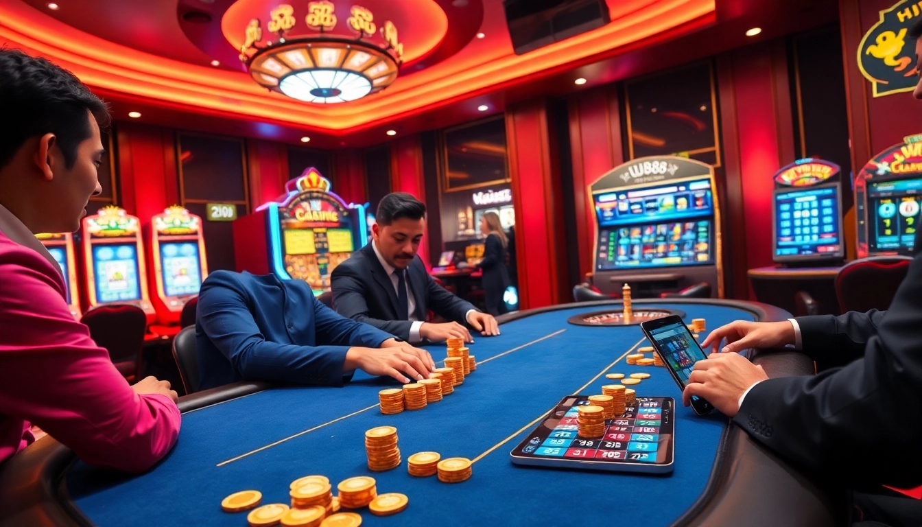 Excited gamblers play at a high-stakes poker table in a luxurious UU88 casino.