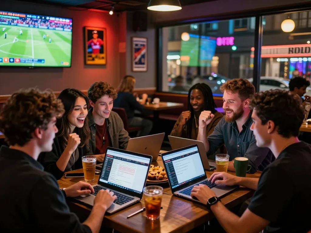 Friends engaging in sports betting at Fabet lounge with vibrant atmosphere.