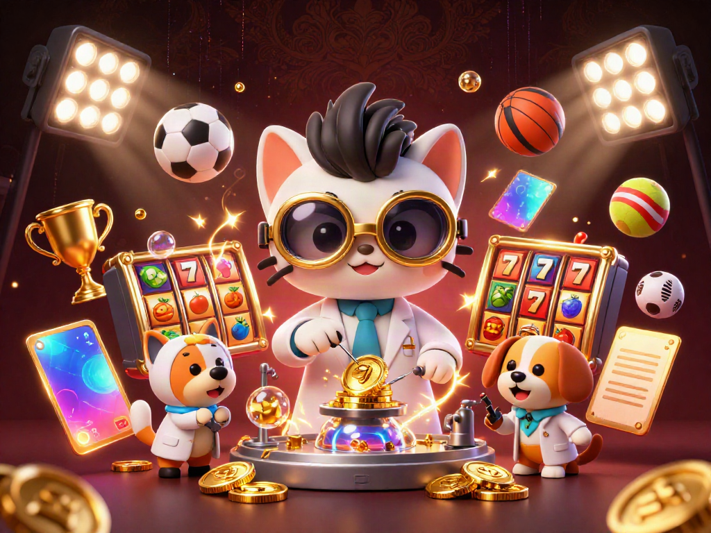 Ilustrasi 3D yang menggambarkan situs macau dengan karakter kucing ilmuwan konyol dan anjing sebagai asisten, di dunia kasino yang megah.