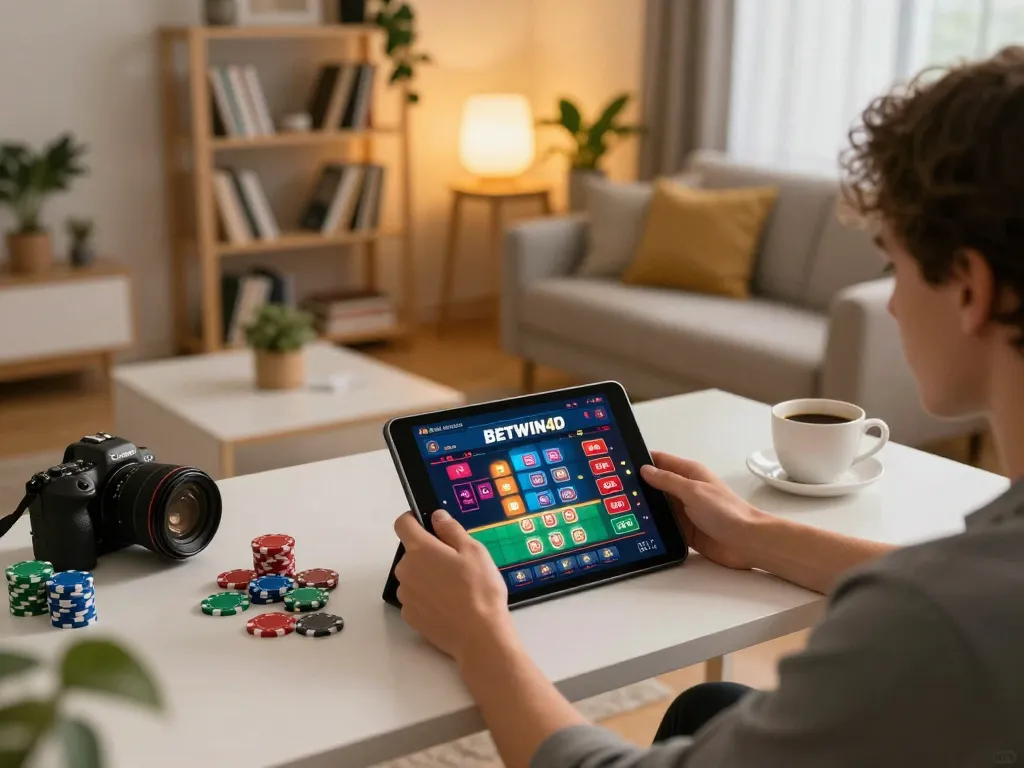 BETWIN4D online casino gaming setup with tablet interface and poker chips in cozy home