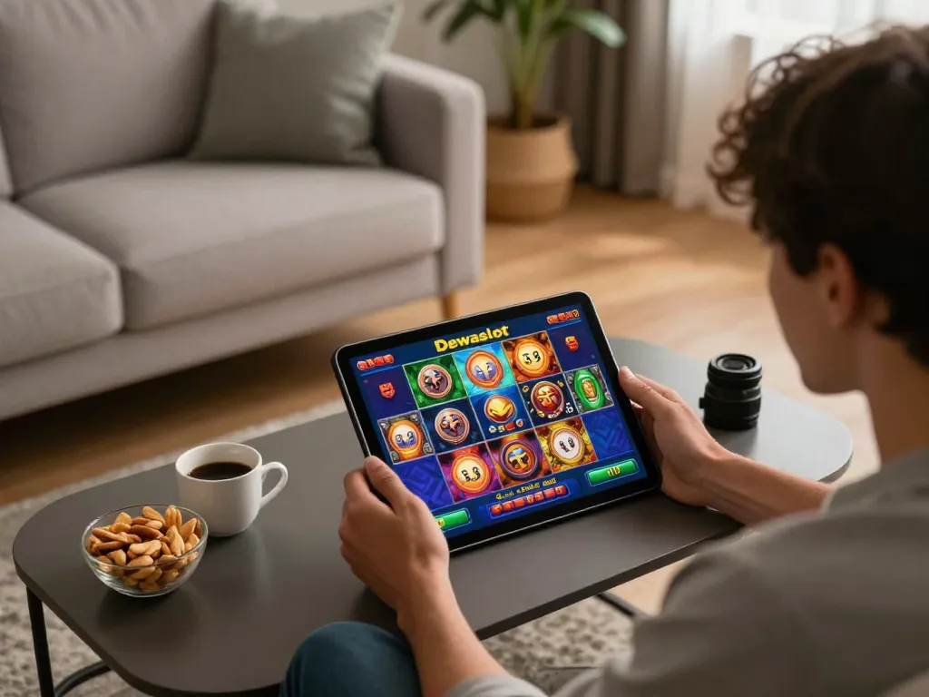 Player enjoying an engaging Dewaslot gaming session on tablet at home.