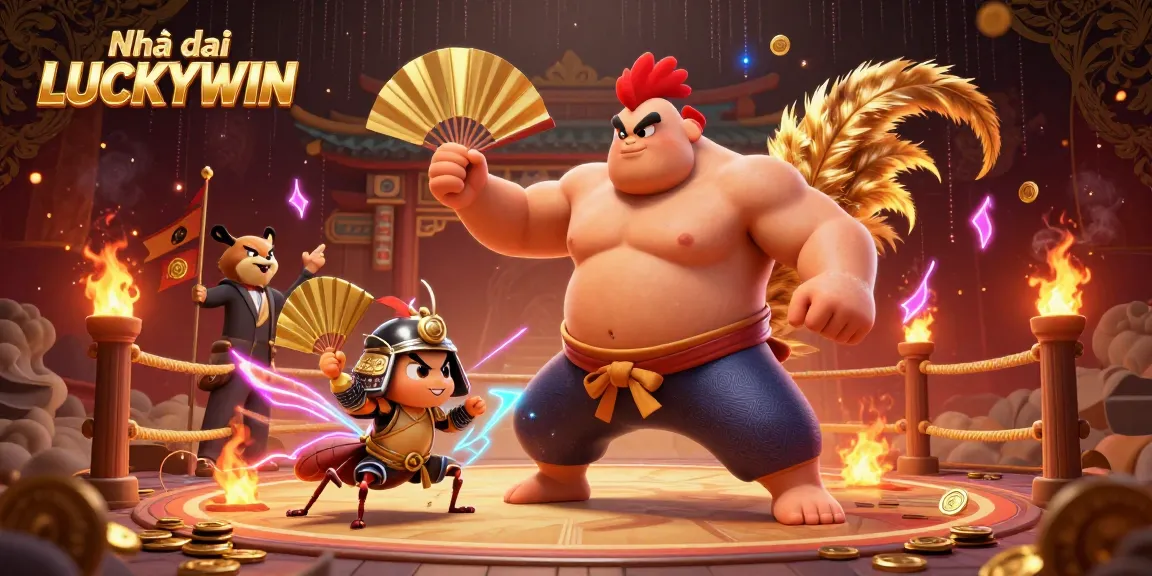 Engage with Nhà cái LUCKYWIN in an electrifying 3D casino scene featuring unique characters and game elements.