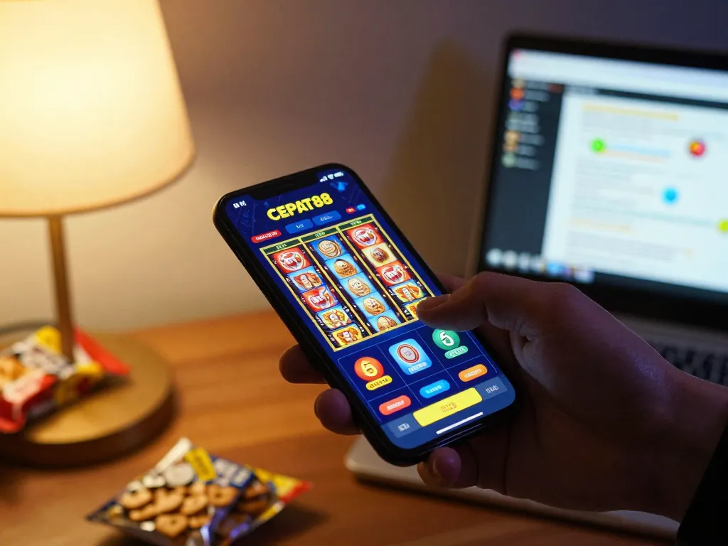 Pengguna CEPAT88 menikmati permainan slot berwarna-warni di smartphone selama sesi permainan di rumah yang nyaman.