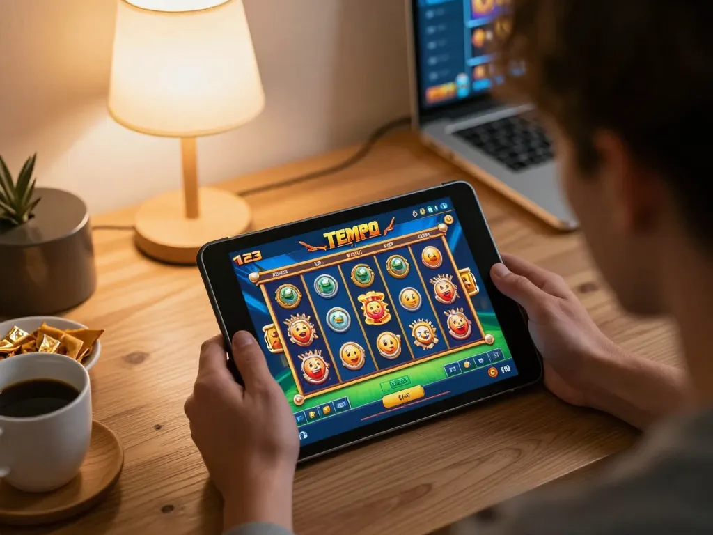 Pemain yang terlibat menikmati permainan slot Tempo 123 di tablet dengan setup gaming yang nyaman.