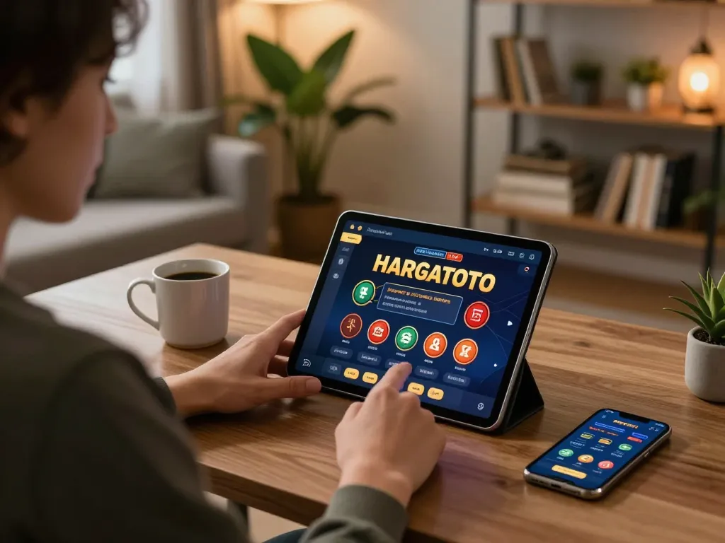 Pengalaman bermain HARGATOTO di rumah dengan tablet dan aplikasi kasino yang sedang beraksi.