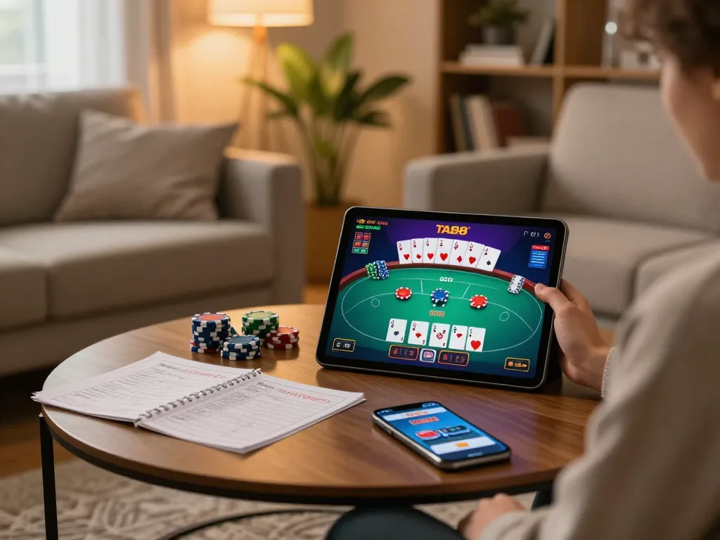 Engaging gameplay on TA88 displayed on a tablet in a cozy living room, showcasing online poker excitement.