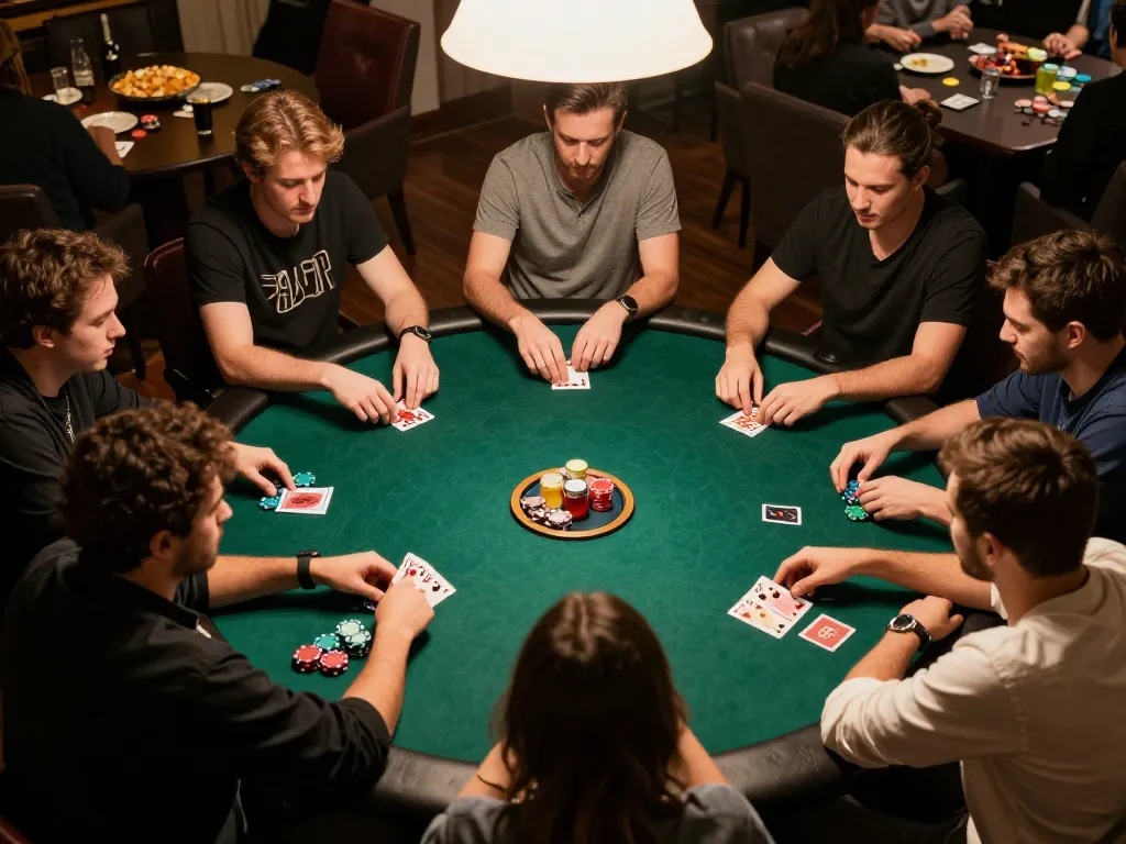 Players enjoying poker at a home game night with drinks and snacks visible at https://betbdt.art