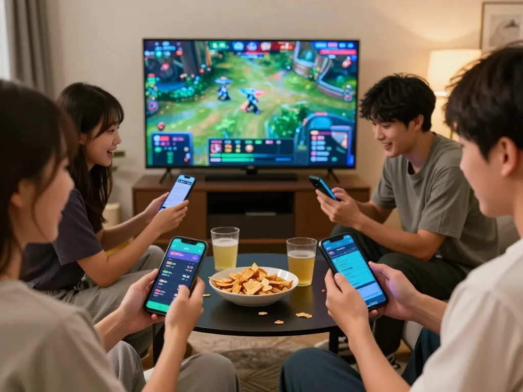 Exciting esports betting scene in Singapore with friends analyzing odds on apps during a live match