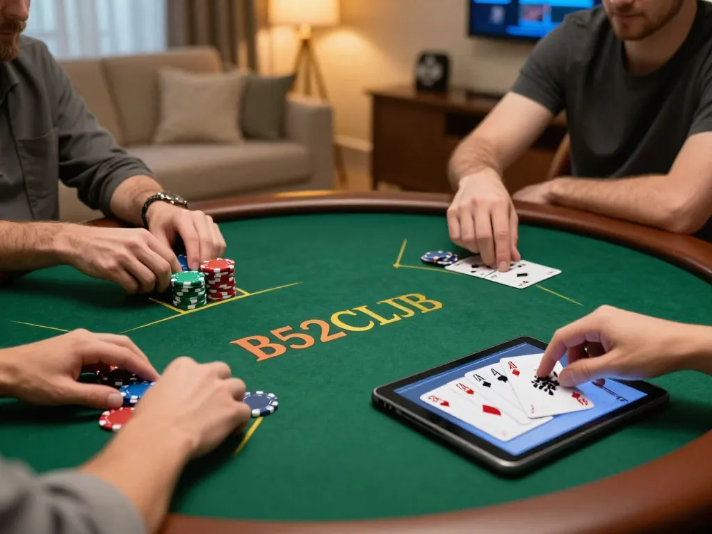 Engaging online poker gameplay on a tablet reflecting the B52CLUB experience with colorful chips and cards.
