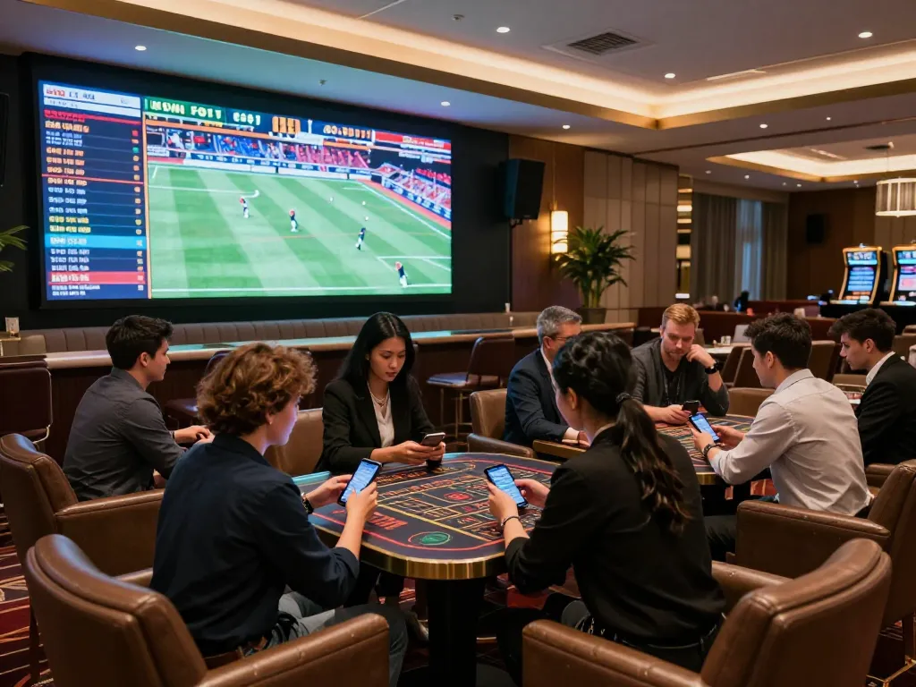 Engaged gamblers strategizing bets on bem88 during a vibrant sports betting night at a casino.