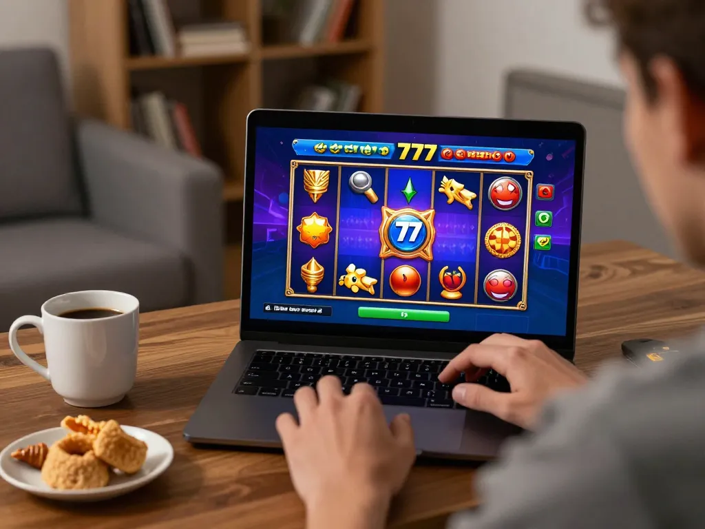 Engaging in Fokus777 online slot gameplay, showcasing screen and cozy home setup for relaxed gaming.