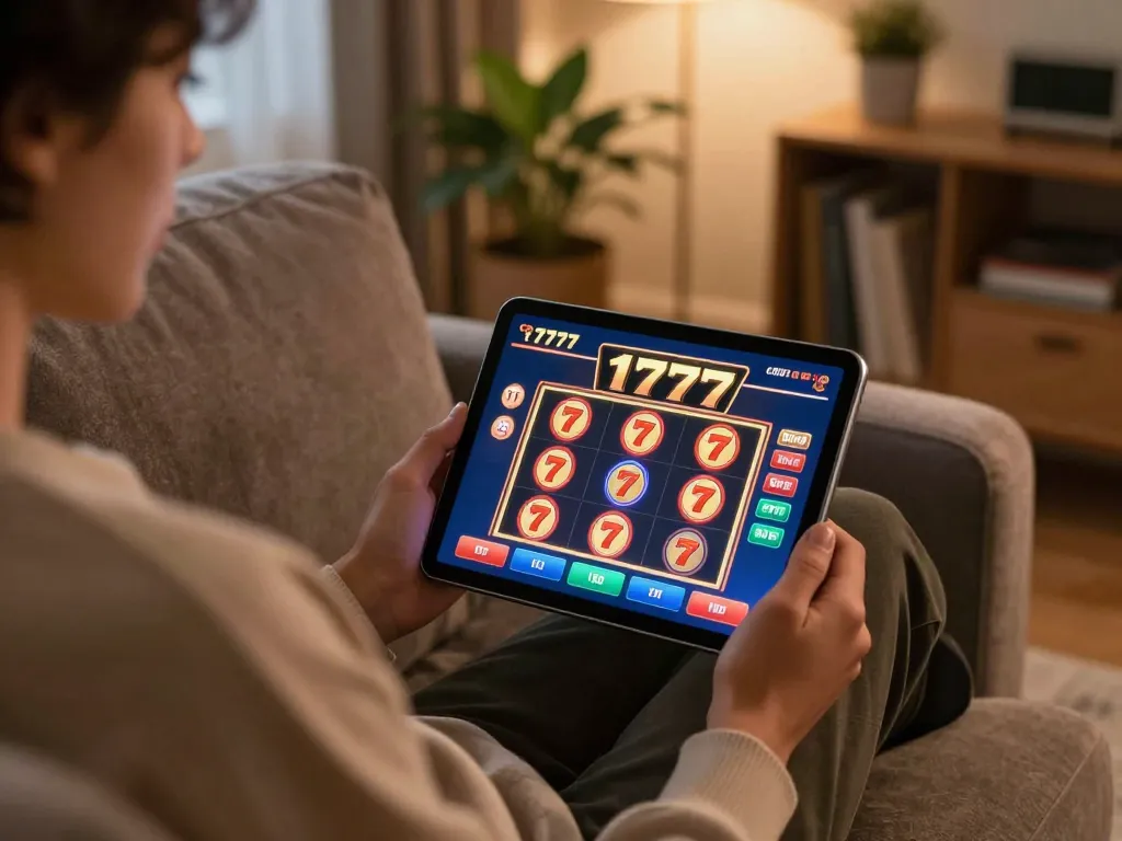 Engaging player enjoying msg777 online casino gaming on tablet in cozy setting.