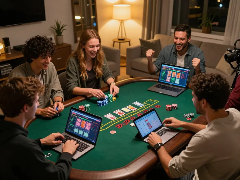 Players enjoying ta88 online gaming at home, engaged in a live dealer blackjack session with vibrant screens.