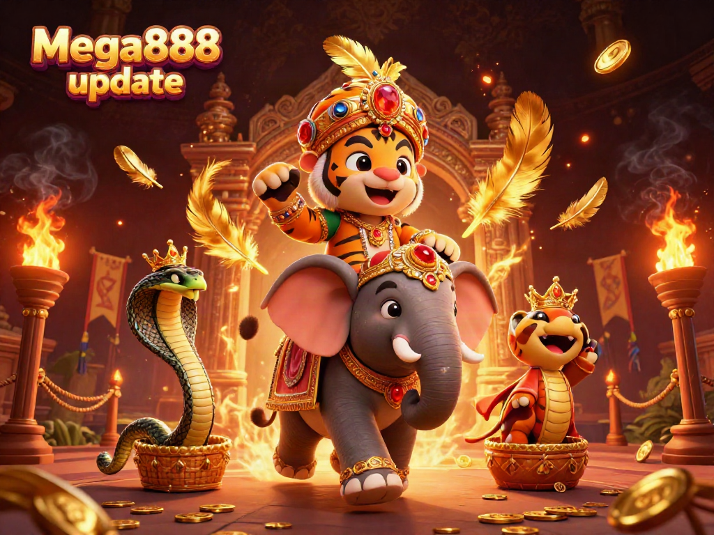 Engage in Mega888 update excitement with a vibrant 3D scene featuring game elements.